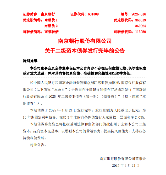 南京银行:110亿元二级资本债券发行完毕